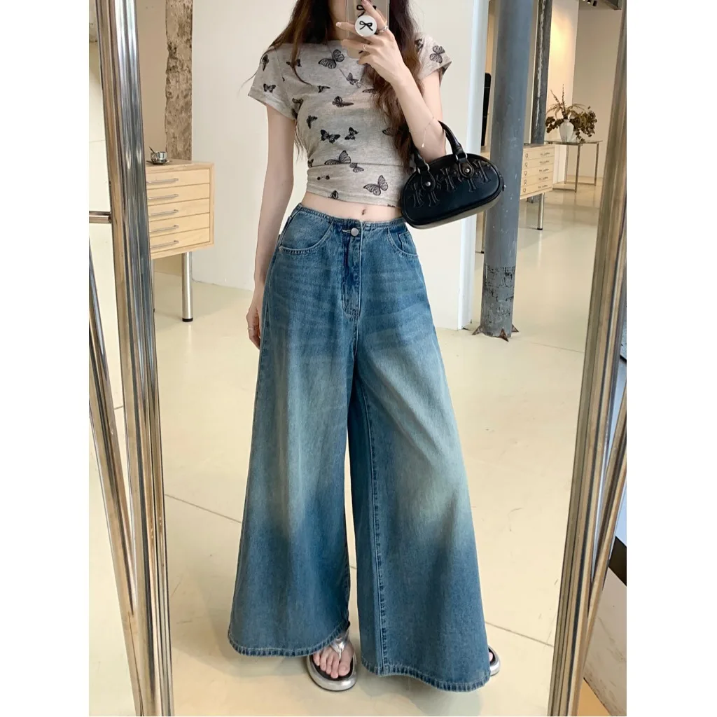 

Весна 2026, женские широкие джинсовые джинсы, свободный крой, высокая талия, прямой крой, винтажный дизайн, большие брюки, повседневные брюки