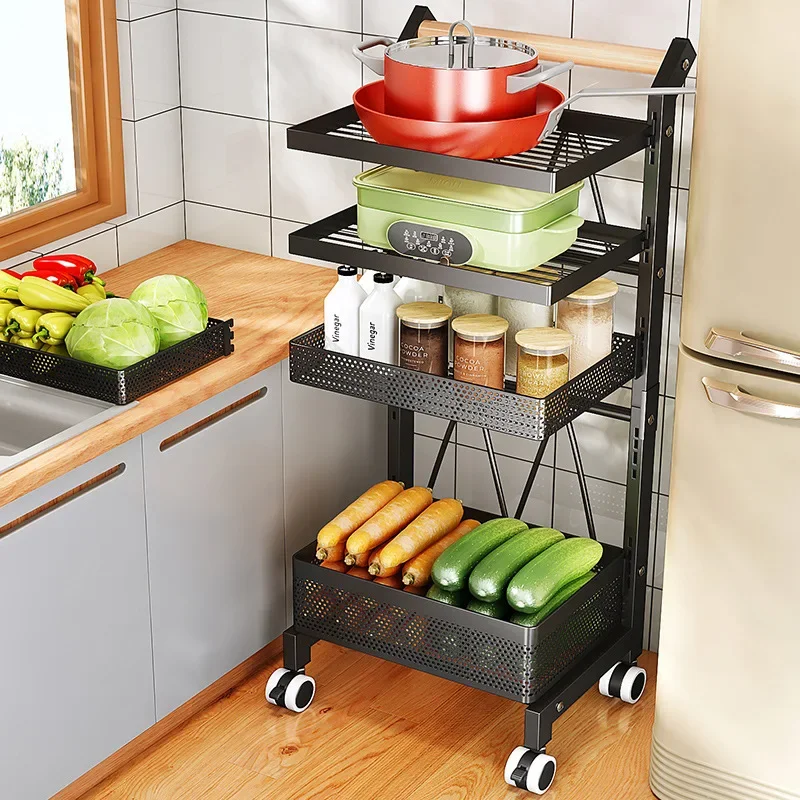 

Folding Cart Kitchen Island Rolling Cart Mobile Storage Trolley Utility Organizer Wheels Butcher Block Top Adjustable Shelves