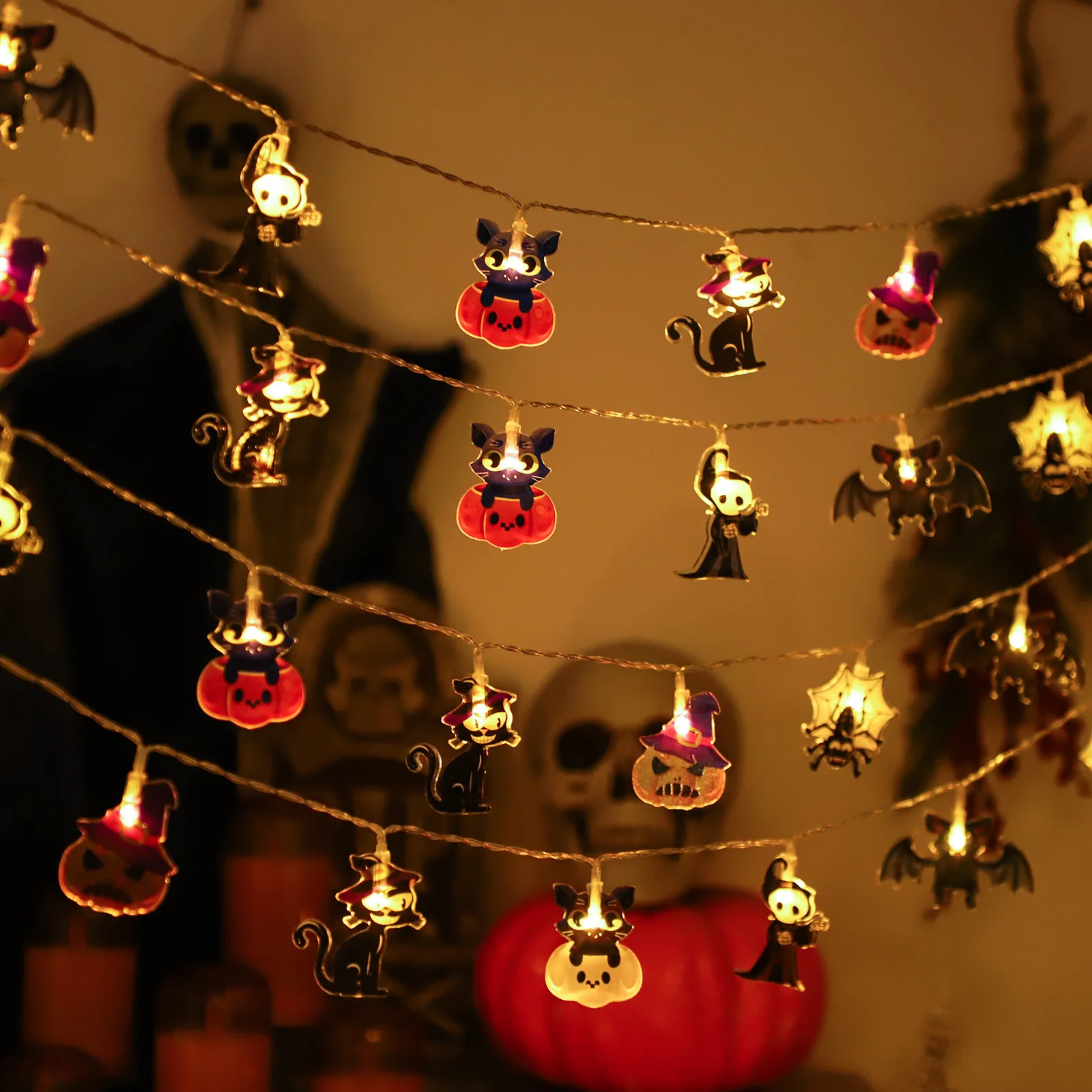 هالوين أدى سلسلة ضوء جو الديكور اليقطين الجمجمة الخفافيش العنكبوت الدعائم سلاسل الضوء للحزب #3