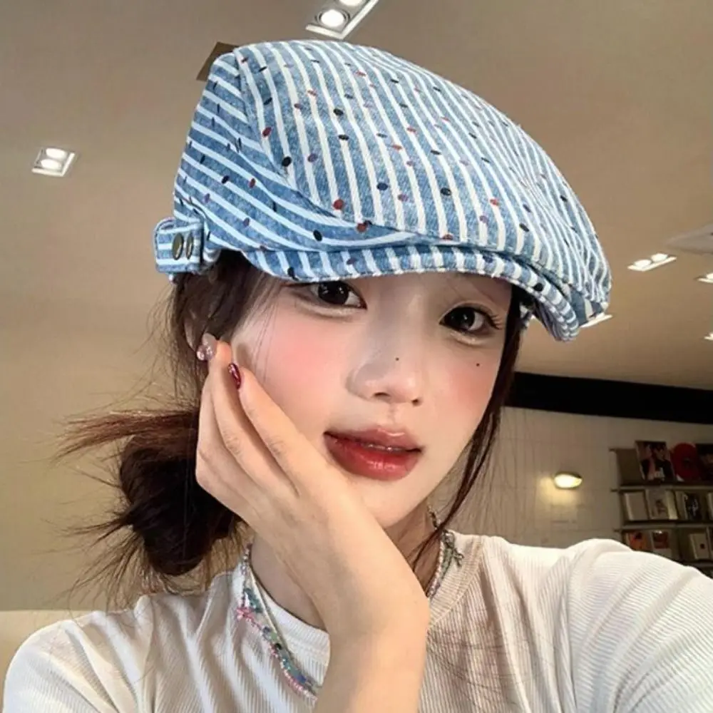 

Japanese Korean Polka Dot Beret Y2k Vintage Stripped Berets Versatile Cloth Painter Cap Female