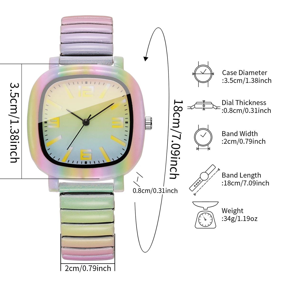 Modische Regenbogen-Böses-Auge-Quadrat-Damenuhr mit buntem elastischem Armband, Damen-Armbanduhren Relogio Feminino (ohne Box) – Detail 16