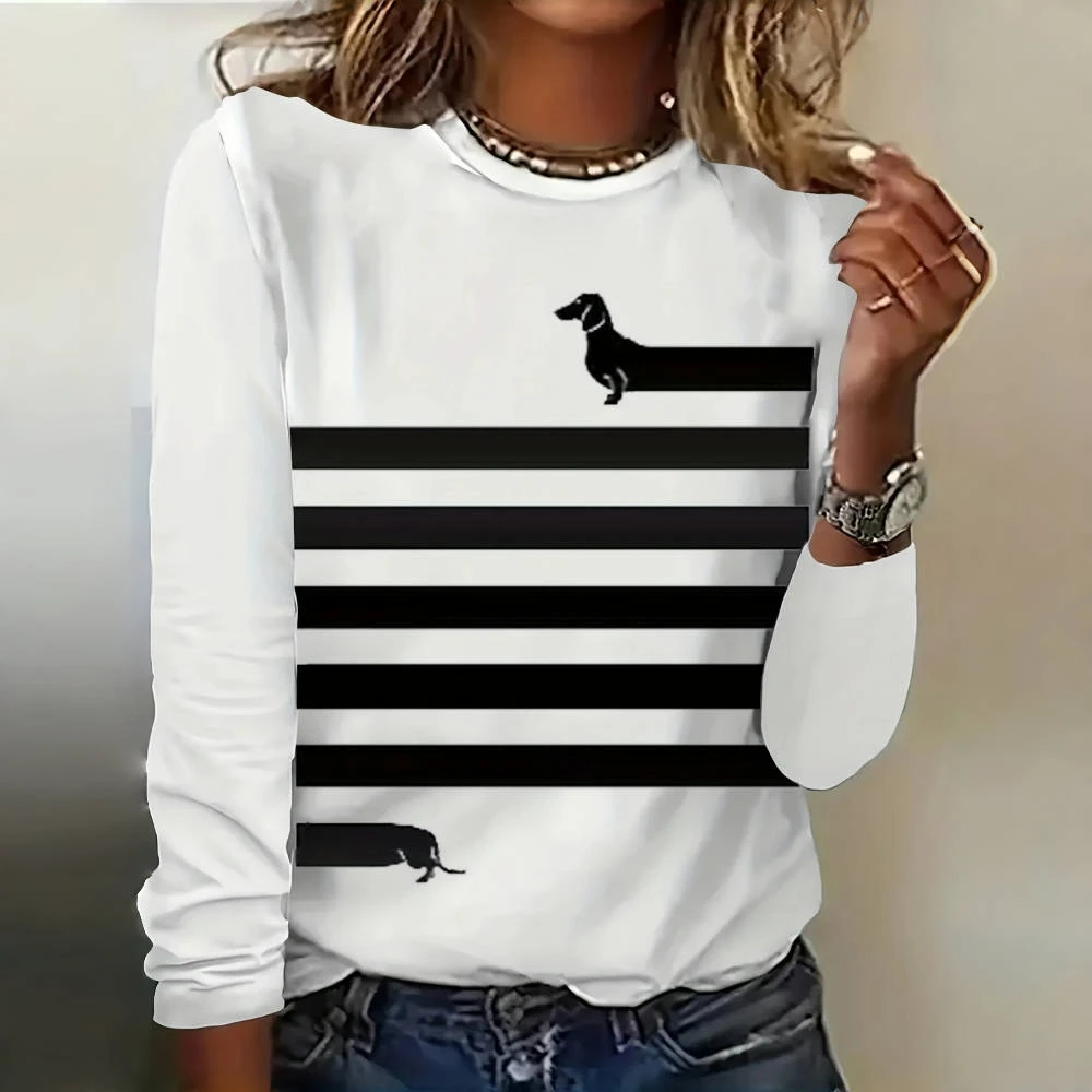 Simple Stripe Women\'s T-shirts Funny Dachshunds Print Long Sleeves T shirt Designer Women Clothing Pullover Fall Cotton Tops