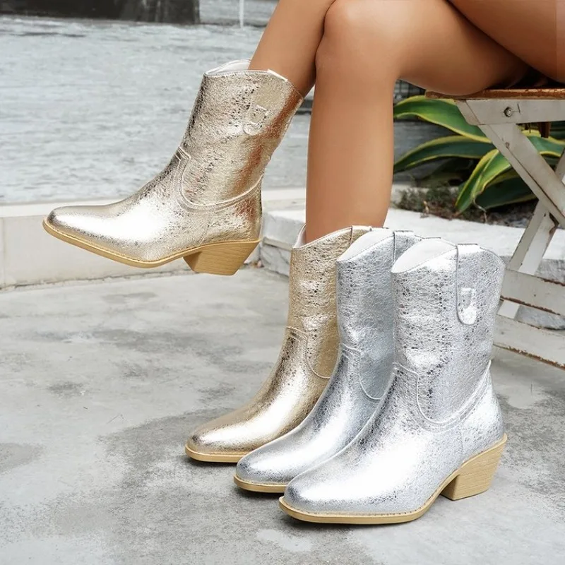 

Women's High Heel Leather Boots Autumn Winter New Style Large Size 41 42 43 Pointed Toe Slip-On Thick Ankle Boots Fashion New