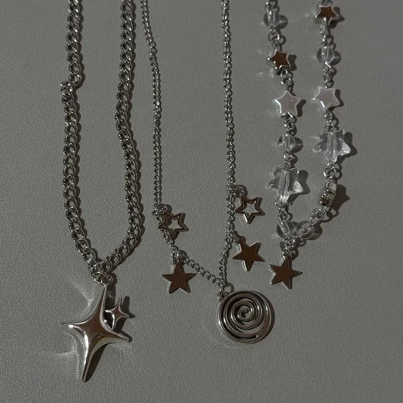 Y2K Multi-layer Star Swirl Spiral Silver Color Pendant Star Necklace Grunge Cyber Punk Aesthetic Choker Stackable Neck Jewelry