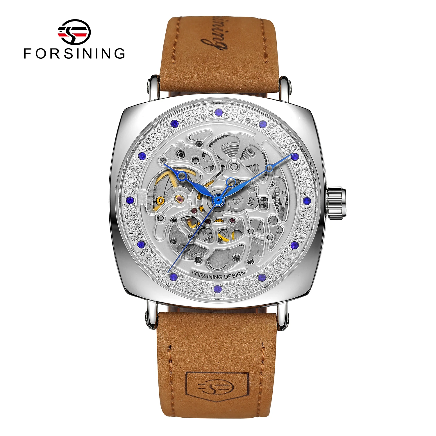 

FORSINING Luxury Diamond Design Mens Watches Square Skeleton Automatic Mechanical Wristwatch Brown Genuine Leather Fashion Clock