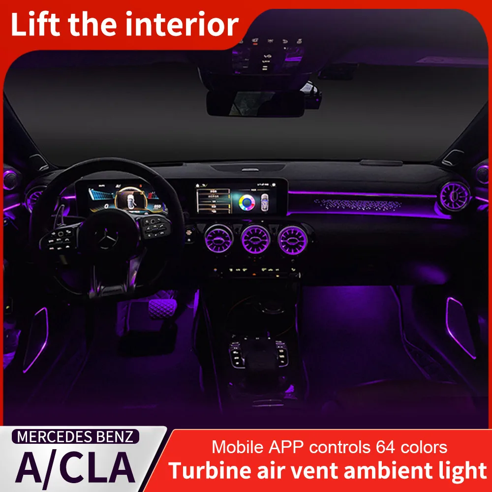 

64 Colours Ambient Lights Led Car Air Vents Turbine App Controls for Mercedes Nenz A-Class/ClA W177 W118 C118 2019 2020 2021-25