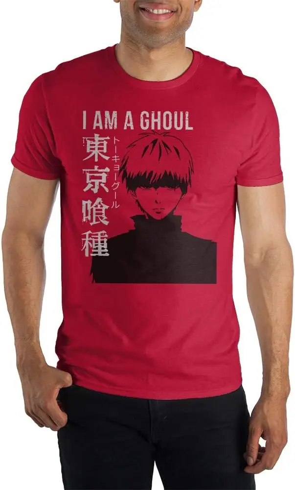 I Am A Ghoul Adult Male Fitted Tee, Dark Anime Mood Style Ken Kaneki with Patch, Storyline