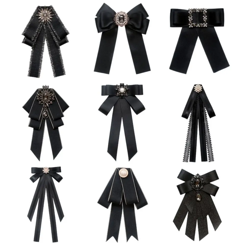موضة شريط بوليستر Bowknot بروش دبوس أسود خمر كريستال الراين مجوهرات ربطة العنق الديكور النساء