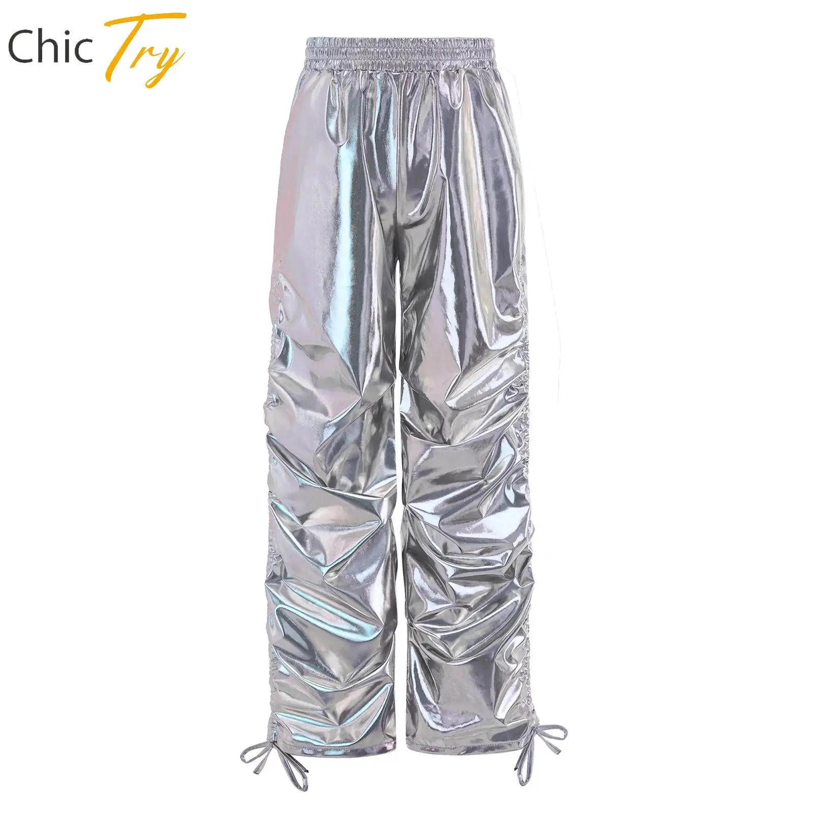 

Teens Disco Pants Girls Boys Jazz Dance Party Costumes Children Shiny Ruched Dancewear Hippie Festival Metallic Prom Trousers