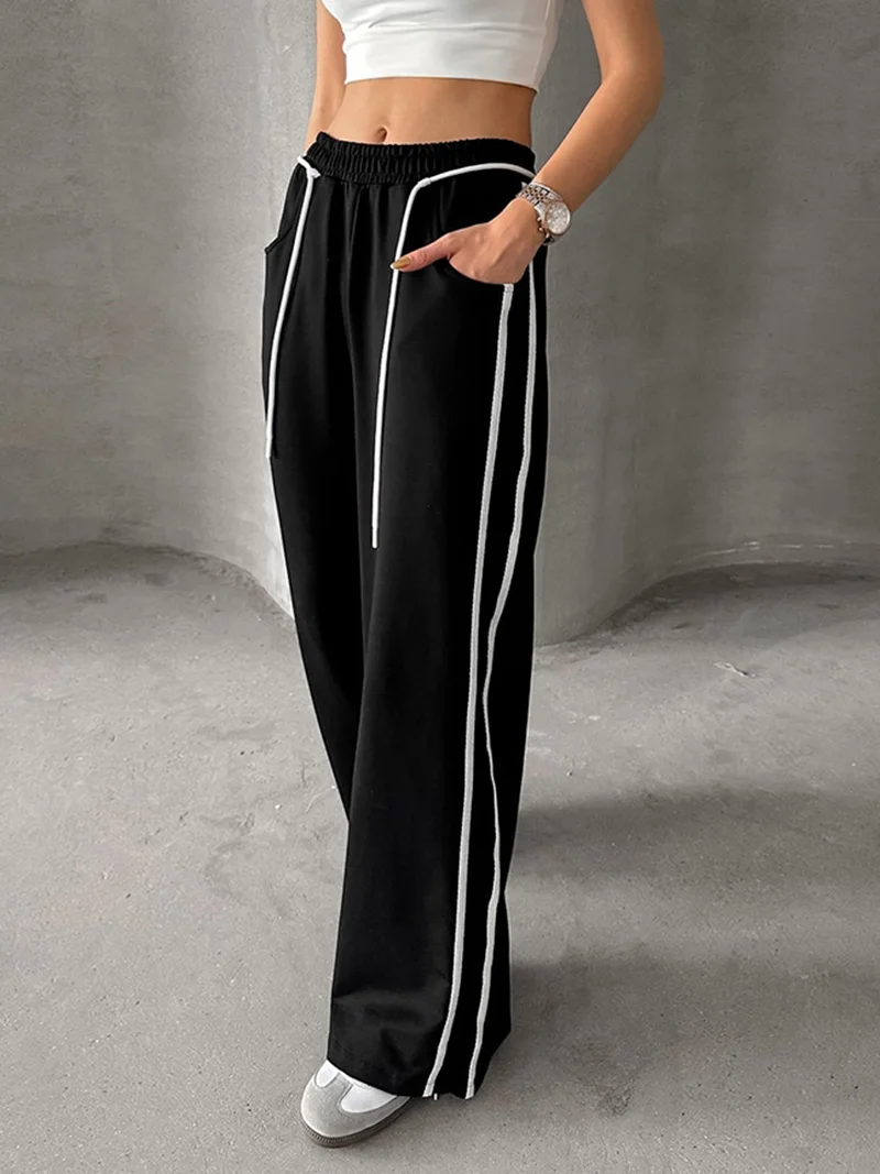 

MSCSZ Vintage Side Stripe Pants Women Elastic Waist Loose Fit Sweatpants Fashion Casual Trackpants Sportswear