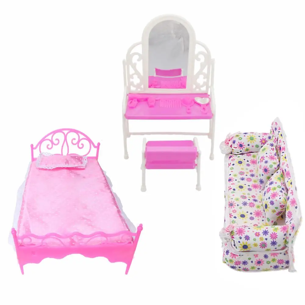 

3 Items/Lots = 1x Doll Bed Furniture + 1x House Dressing Table + 1x Flower Cloth Sofa for Barbie Doll Accessories Birthday Toys