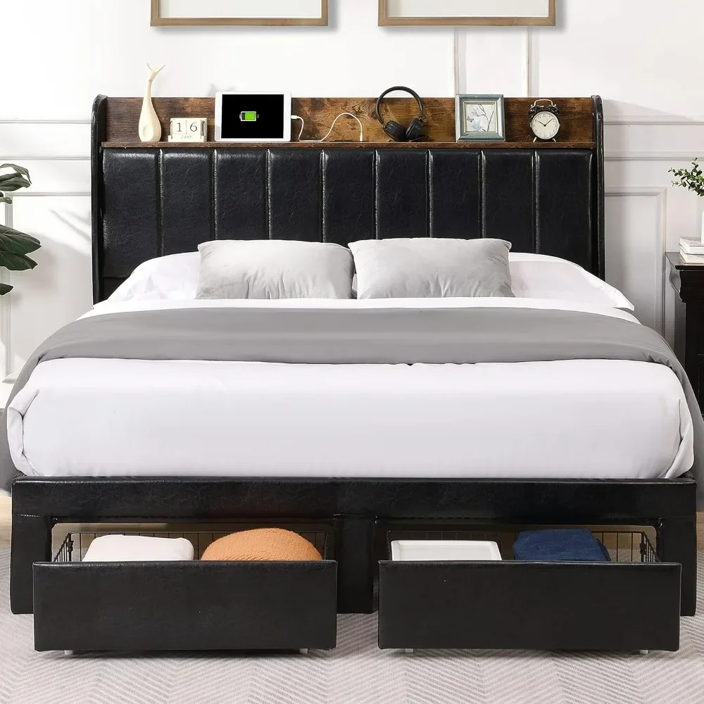 Upholstered Bed Frame Queen Size with Headboard with Storage Drawers & Charging Station,No Box Spring Needed/Heavy Duty