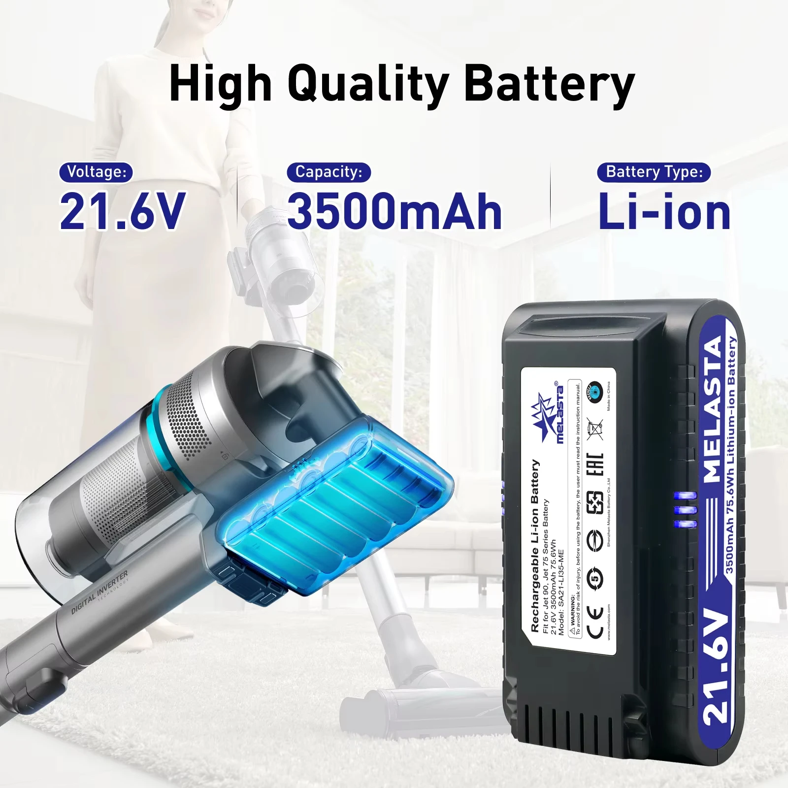 삼성 Jet 75, Jet 75+, Jet 75 Pet, Jet 90, Jet 90 Multi, Jet 90 애완동물 진공 청소기용 Melasta 3.5Ah 21.6V 교체용 배터리