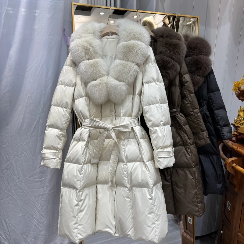 

New Winter Real Fox Fur Long White Duck Down Jacket Women Belt Thickened Warm Natural Fur Down Coat Luxury Fashion Puffer Jacket