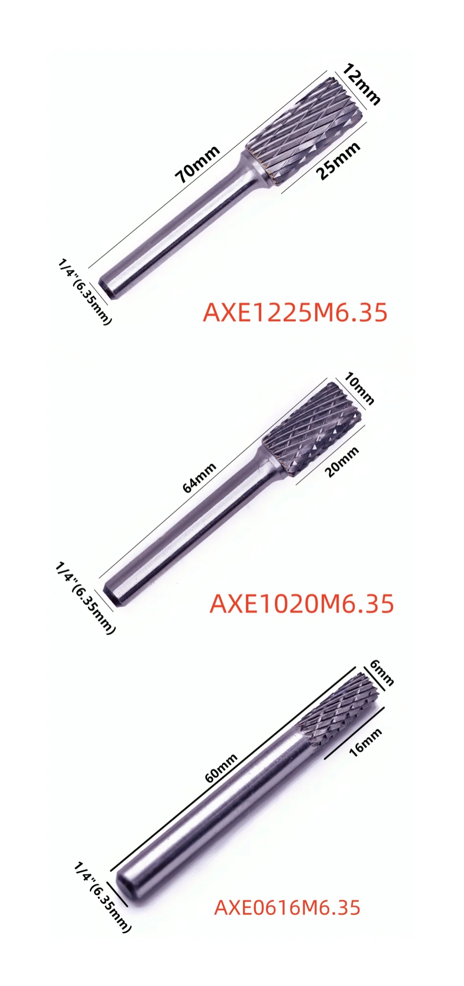 3pcs 1/4'(6.35mm)Shank Tungsten Carbide Burrs Type A Rotary Files For DeWalt Die Grinder