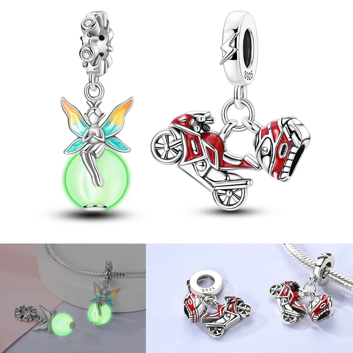 

925 Sterling Silver Luminous Elf Charms Bead CZ Zircon Helmet Motorcycle Dangle Fit Original Bracelet DIY Women Jewelry