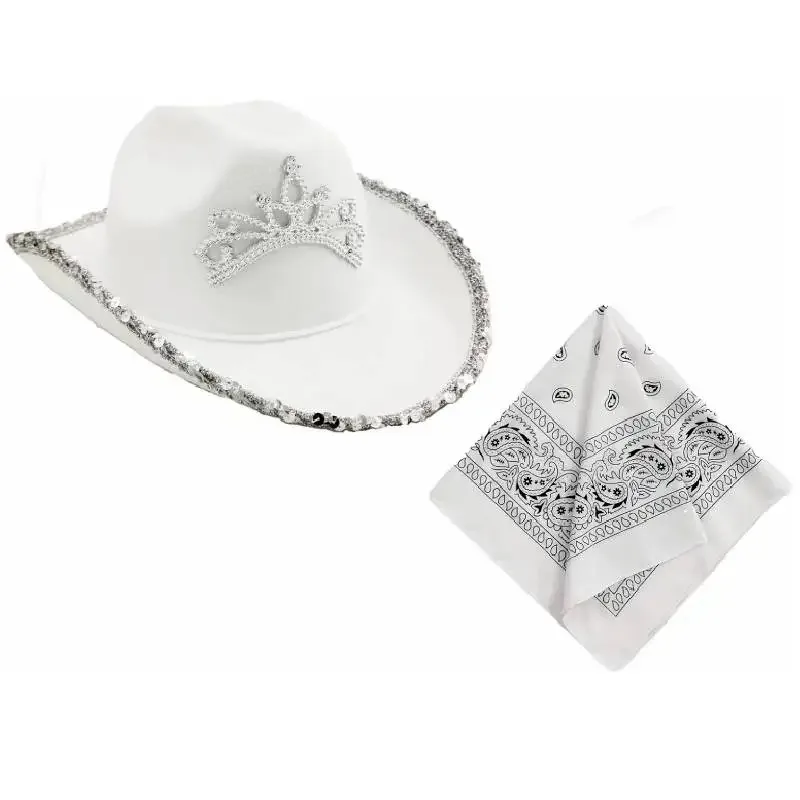قبعة رعاة البقر الغربية LQ مع تيارا وباندانا، بيضاء - إكسسوار نسائي للحفلات والمناسبات الخاصة، مقاس واحد للبالغين