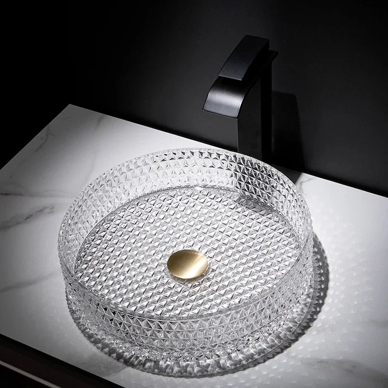 

Круглая стеклянная раковина для ванной комнаты – дизайн столешницы, прозрачный кристалл; креативная художественная раковина, подходит для домашних умывателей.