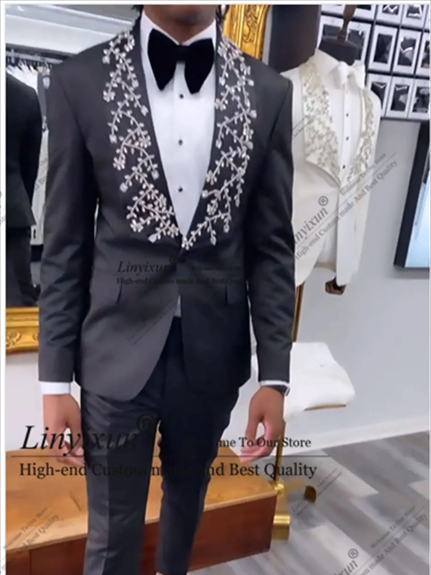 패션 비즈 다이아몬드 턱시도 남성용 정장 숄 라펠 신랑 웨딩 블레이저, 맞춤형 복장, 2 피스 세트