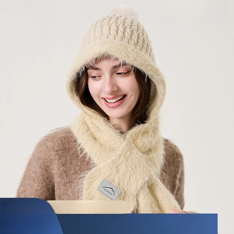 New Knitted Hat Women's Velvet Ear Protectors Hairball Windproof Neck Protector Imitation Mink Hair Scarf Integrated Wool Cap