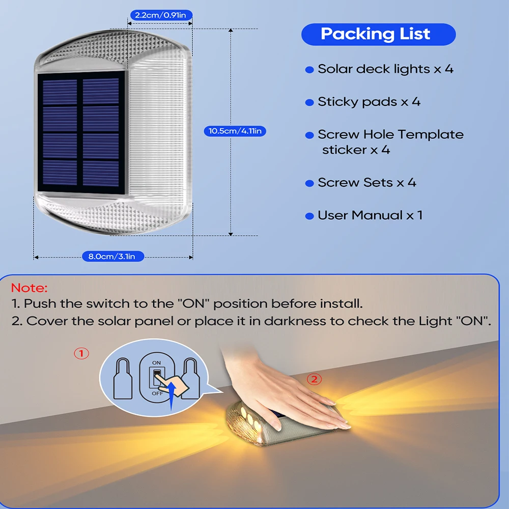 Solar Deck Lights Outdoor Warm White Driveway Lights Solar Powered IP68 Waterproof Stick on & Screw Dock Light Path Pool Lights