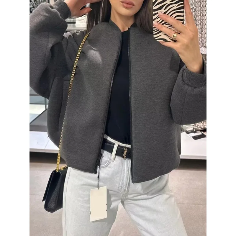 Autumn New Casual Stand Collar Single Breasted Pocket Design Loose Long Sleeve Jacket for Women's Clothing Fashion Crop Coat