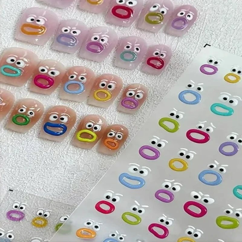 3D Funny Nail Sticker Summer Jelly Kawaii Big Mouth Monster & Strange Eyes Ins Style Waterproof Peelable Cute Nail Stickers 1pc