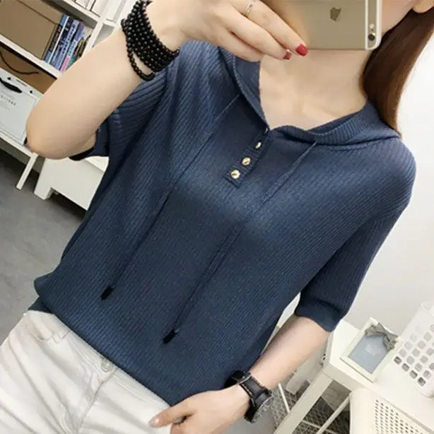 Summer Women's Knitted Elastic Short Sleeve 2025 with Belt Hat Stripe Simulation Loose Solid Tops Short Sleeve Z78
