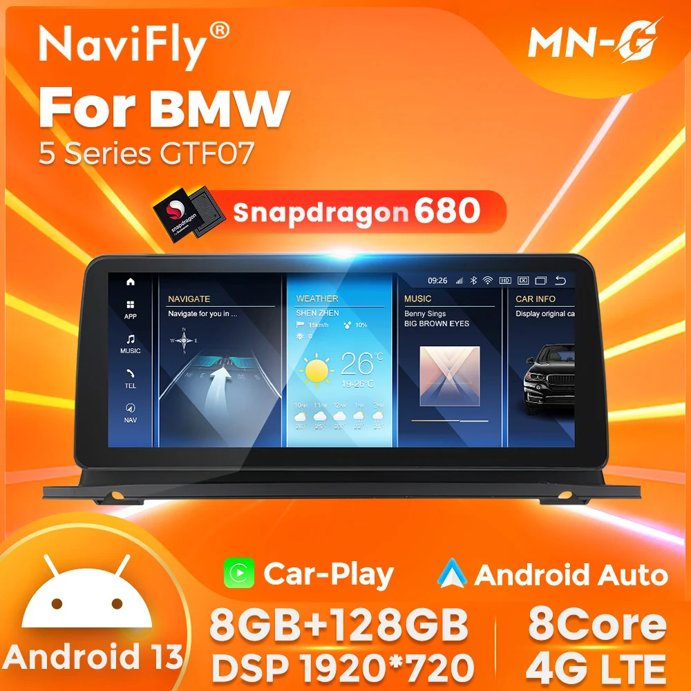 NaviFly 12.3 인치 자동차 지능형 시스템, 안드로이드 13, 퀄컴 스냅드래곤 680, 8G 128G 카플레이, BMW 5 시리즈 GT F07 2013-2016 NBT 