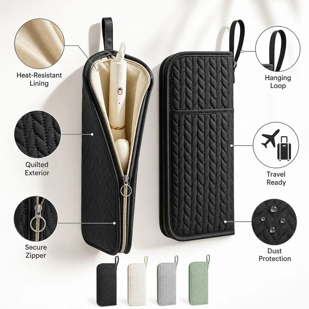 Heat Resistant Hair Tools Organizer Portable Protective Lining Hair Styling Tools Pouch Zipper Closure Waterproof