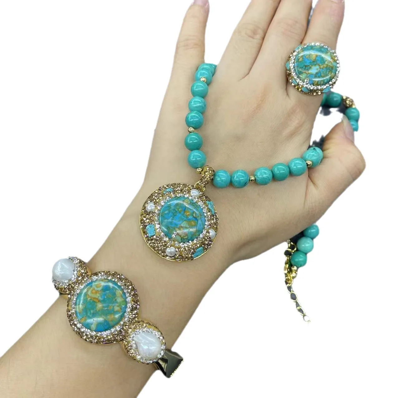 Turquoise set Internet celebrity same inlay this pearl color retention electroplating handmade design turquoise jewelry factory