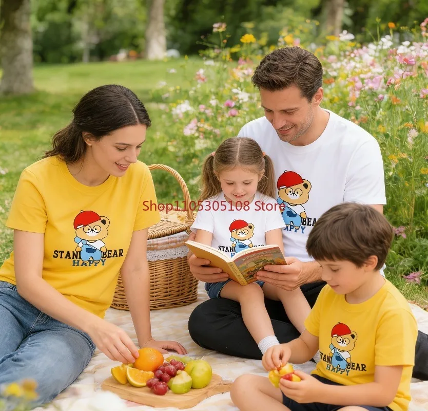 

Футболка унисекс с принтом «Мишка», детская футболка с коротким рукавом и кожаными буквами, топ для родителей и детей