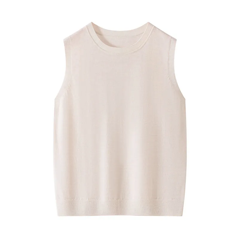 Women O-neck Wool Vest Pullover Spring Summer Fine-spun wool candy-colored Top 100% Merino Wool Knitwear Sleeveless Sweater