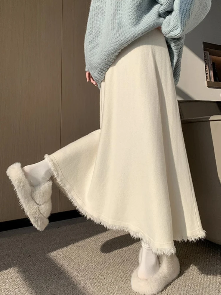 Fashion Tassel Knit Skirt Autumn Winter Elegant Loose Hanging Umbrella Skirt Solid Color High Waisted Mid Length A-line Skirt