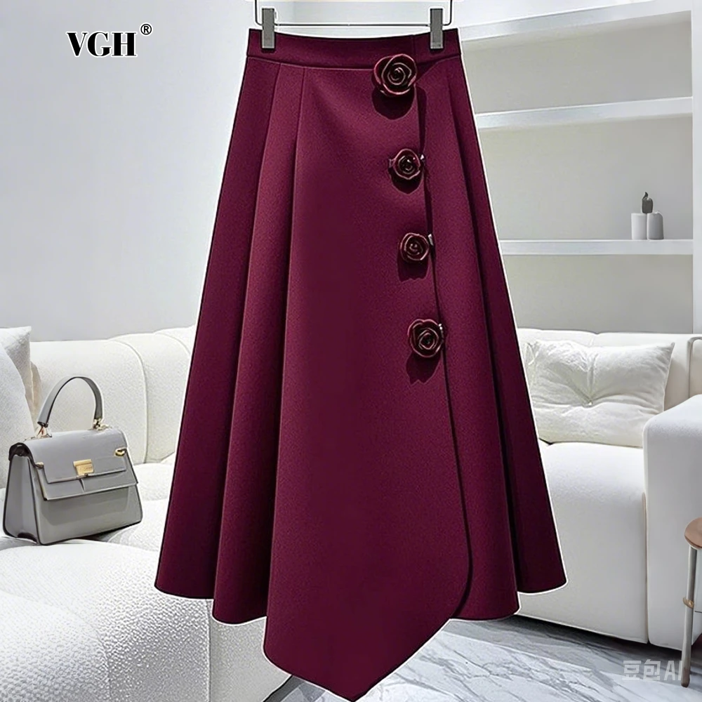 VGH Spliced 3D Rose Elegant Vintage Skirt for Women High Waist Patchwork Irregular Hem Pleated A Line Skirts Female Spring New