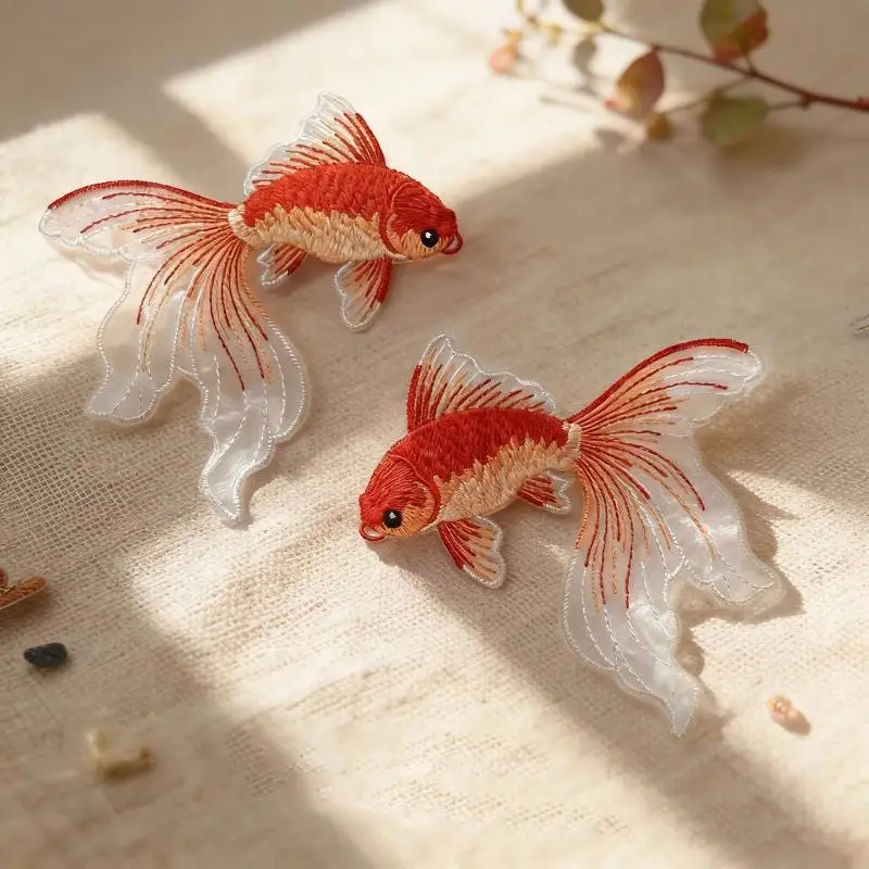 2 Stück mehrfarbige Goldfisch-Stickerei-Aufnäher aus Stoff für T-Shirts, Taschen, Hüte, Accessoires, zum Aufbügeln, zum Reparieren, zum Basteln. – Detail 6