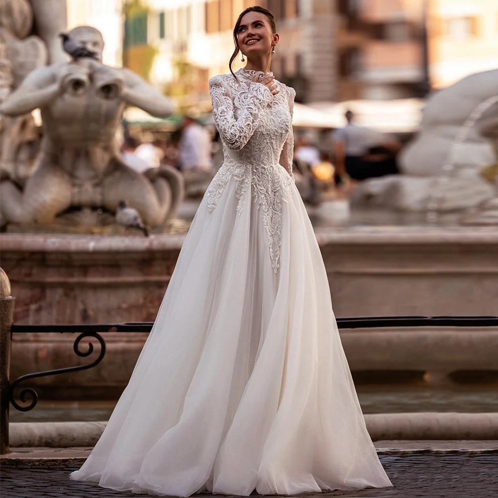 Vestido de novia árabe personalizado, cuello alto, apliques de cuentas de lujo, vestido de novia saudí de manga larga, vestidos de novia con purpurina