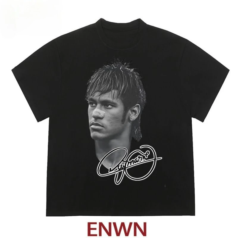 الأمريكية الرجعية الهيب هوب نيمار تي شيرت الرجال فضفاض القطن طاقم الرقبة العصرية لكرة القدم المحملة