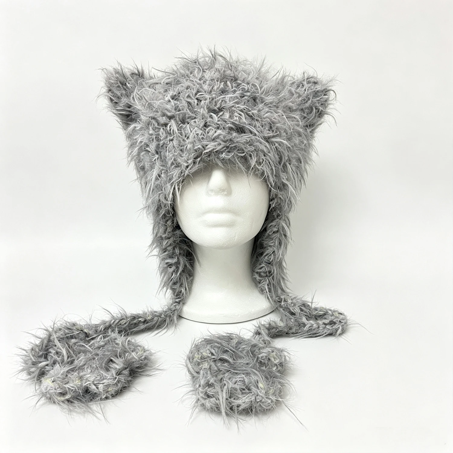 Custom Crochet Shaggy Cat Ear Beanie Gray Plush Animal Hat with Paws Unisex Goth Y2K Style Hood Daily Quirky Aesthetic Accessory