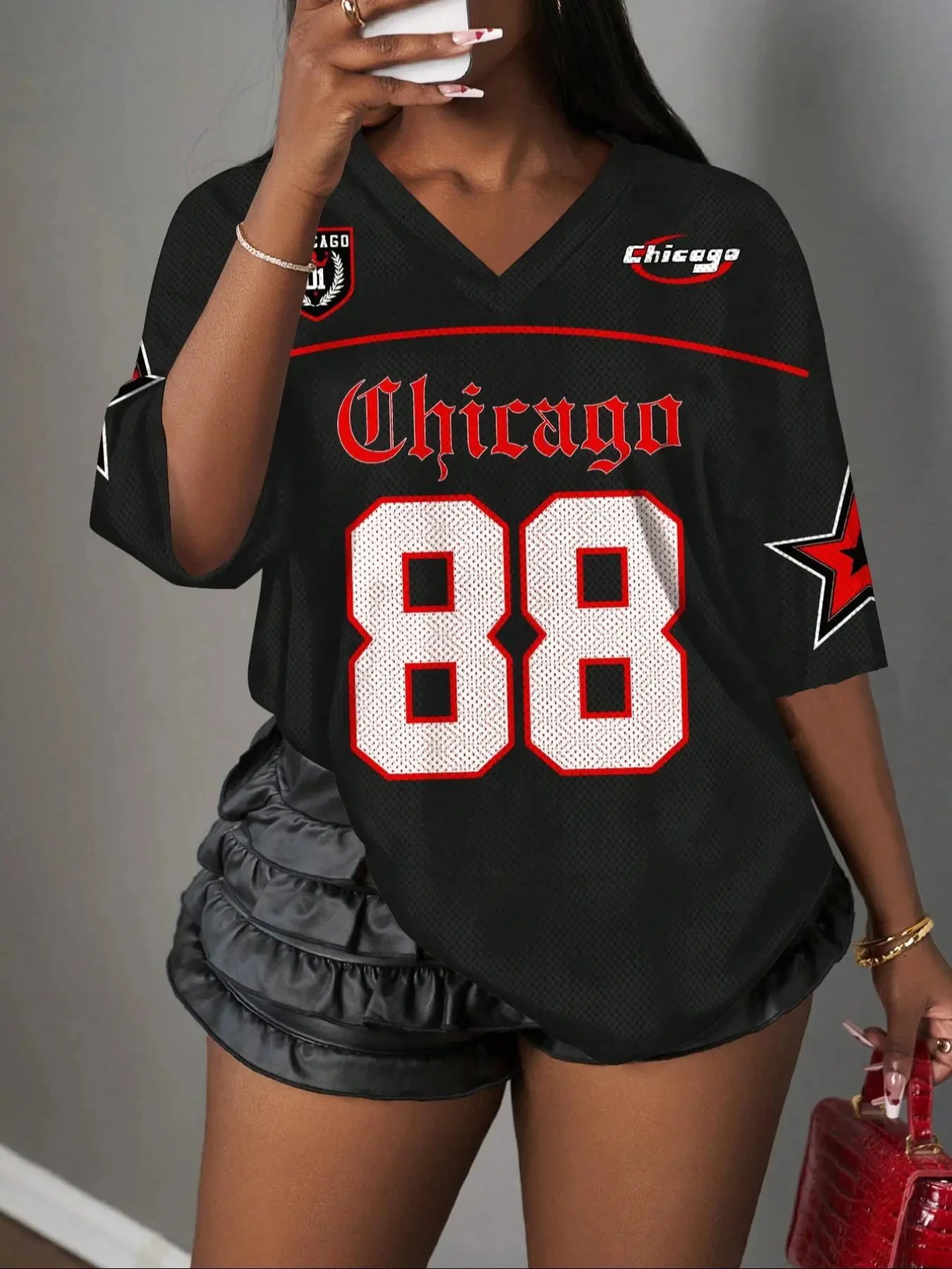 Women's Chicago Stars Print Mesh V-Neck Jersey Top, Black  graphic t shirts женская одежда plus size gothic y2k