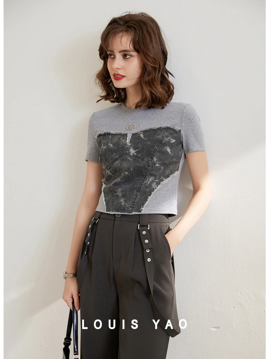 

LOUIS YAO Women T-shirt 2024 Summer New Splicing Denim Tee Slim Fit Casual Fashion O Neck Short Sleeve Short Pullover Top