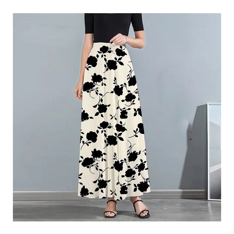 

2024 Summer Fresh Slim Flower High Waist A-line Chiffon Half Length Skirt Womens Mid Length Large Hem Floral Beach Skirts