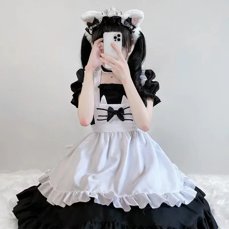 แมวน่ารักชุดแม่บ้านสีดําและสีขาวแม่บ้านร้านอาหารคอสเพลย์ชุดสาวน่ารัก lolita lolita ชุด E