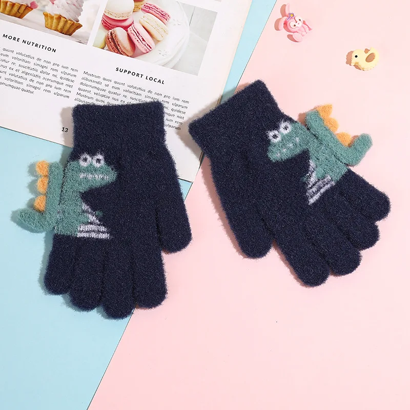 Children 3-6 Years Old Cute Knitted Cartoon Dinosaur Fashion Boys and Girls Winter Warm and Cold Five-finger Gloves