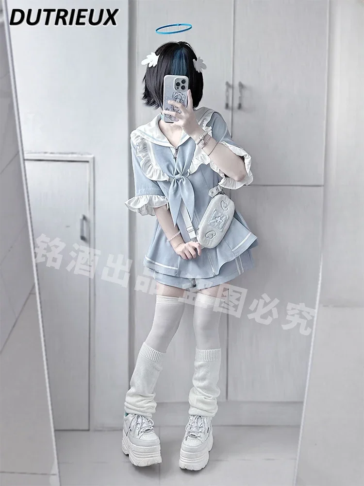 Japanese Style Mine Spring Ladies Lace Stitching Sleeves Coat Sweet Water Color Sailor Collar Dress and Base Shorts Suit