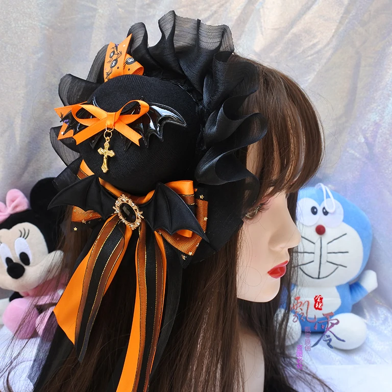 Lolita ฮาโลวีนฟักทองสีเครื่องประดับผม KC Headband Dark Little Devil Bat ปีก Barrettes หมวก Headdress