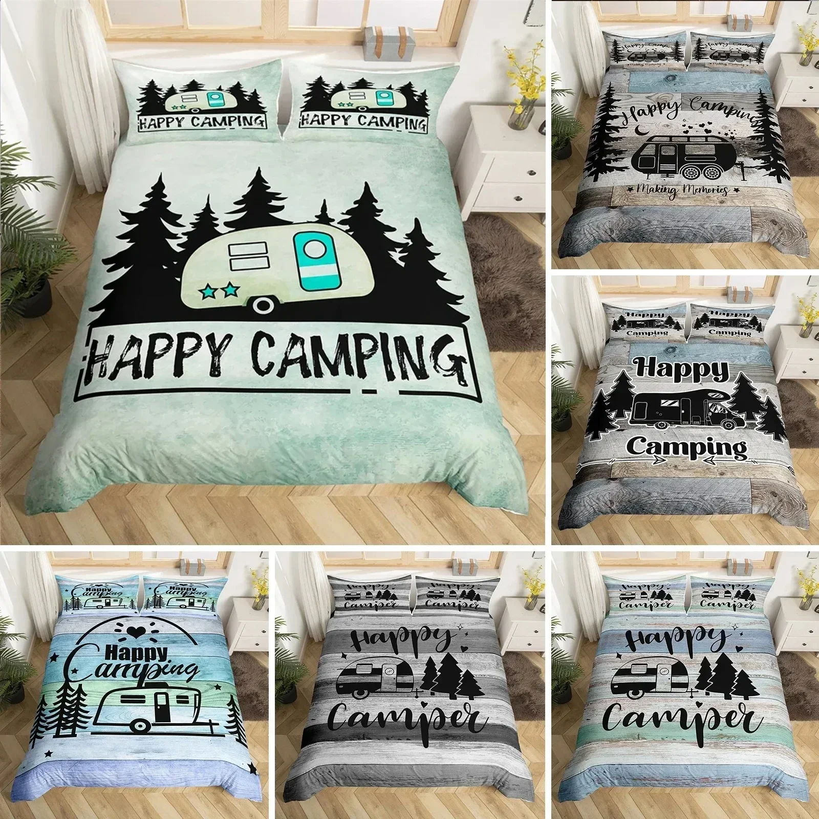 

Happy Camping Duvet Cover Queen Cartoon Caravan Camping Bedding Set Farmhouse Style 3D Camper Comforter Cover With Pillowcases02