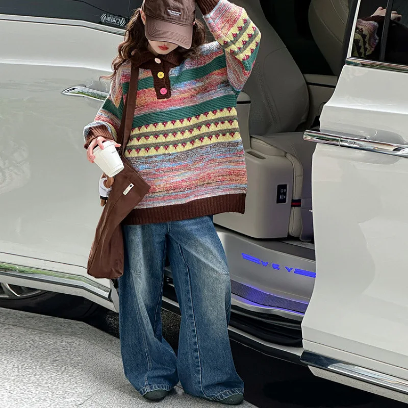 

School Girls 2pcs Suits Autumn Children Girls Colorful Striped Knitted Sweater Kids Girls Straight Leg Jean 5-14Y Girls Sets