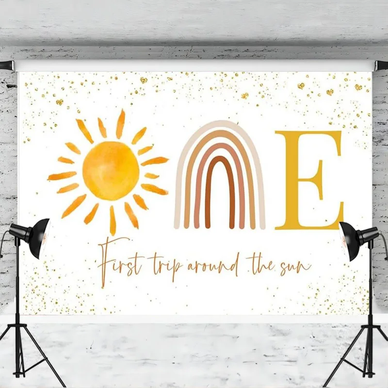 Boho Sun First Trip Around The Sun Backdrop Banner Muted Sunrise Sun Photo Background 1st Birthday Party Decoration Supplies