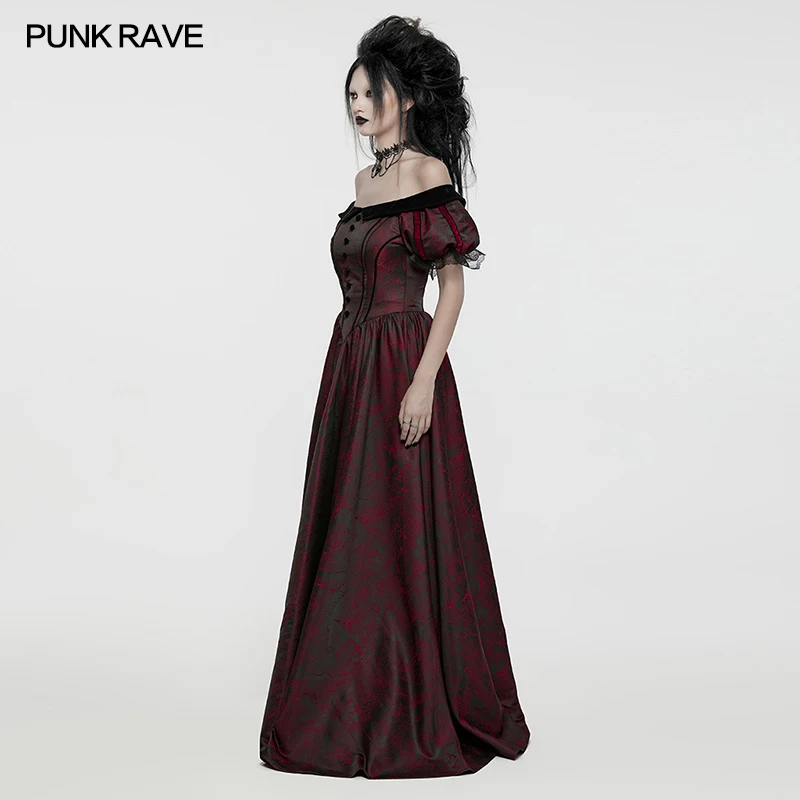 PUNK RAVE Women's Gothic U-shaped Retro Large Collar Formal Dress Exquisite 3D Button Party Dresses Two Colors Available